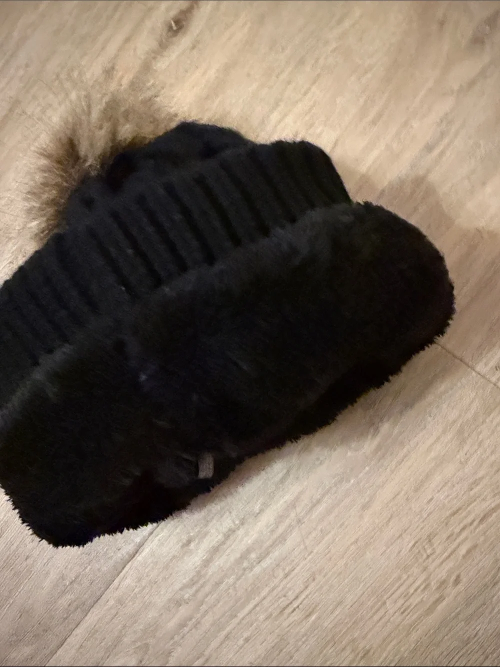 Kids Black Cable Knit Pom Beanie with Brown Faux Fur Pom